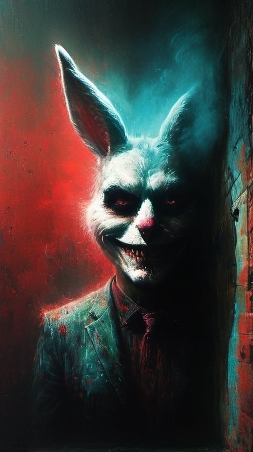 Easter bunny ,whole body, an absolute charming, freaky  easter bunny leaning  against a house wall and lsmokes a joint looking into the world with kind of a satanic grin on his face, deep focus,  high color contrast,   detailmaster2, ultra quality, side-light,epic view,Colorful Binary Code Energy