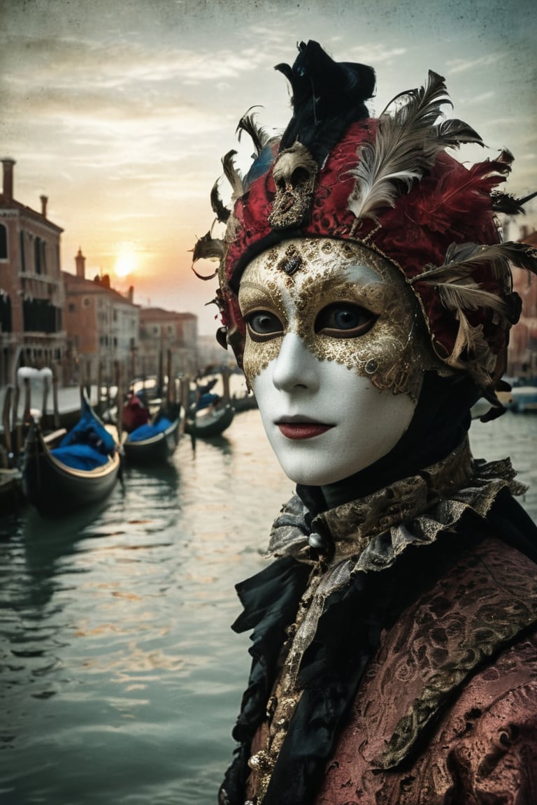 An infrared double-exposure  first shot the sunrise over a canale in Venice second shot 1 male and 1 female vis-a-vis in classical venetian carnival masking,  high resolution and contrast and colour contrast,  intricately textured and extremely subtle detailed,  detailmaster2,  backlight,  ultra quality,  fine artwork 