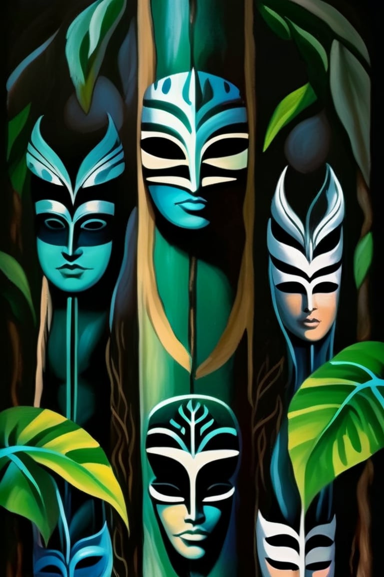 (A totem dance in rainforest around a masked tree with cut in masks  of gods and demons:1.6),BREAK,(masked with demonesc wood masks, men and women dancing together around the tree:1.2),BREAK, (dark greens, browns, grays, yellows and muted colours:1.2), intense atmosphere, action, elegant deep focus, detailmaster2,  strobe lighting, concept art, ultra quality,  fine artwork 