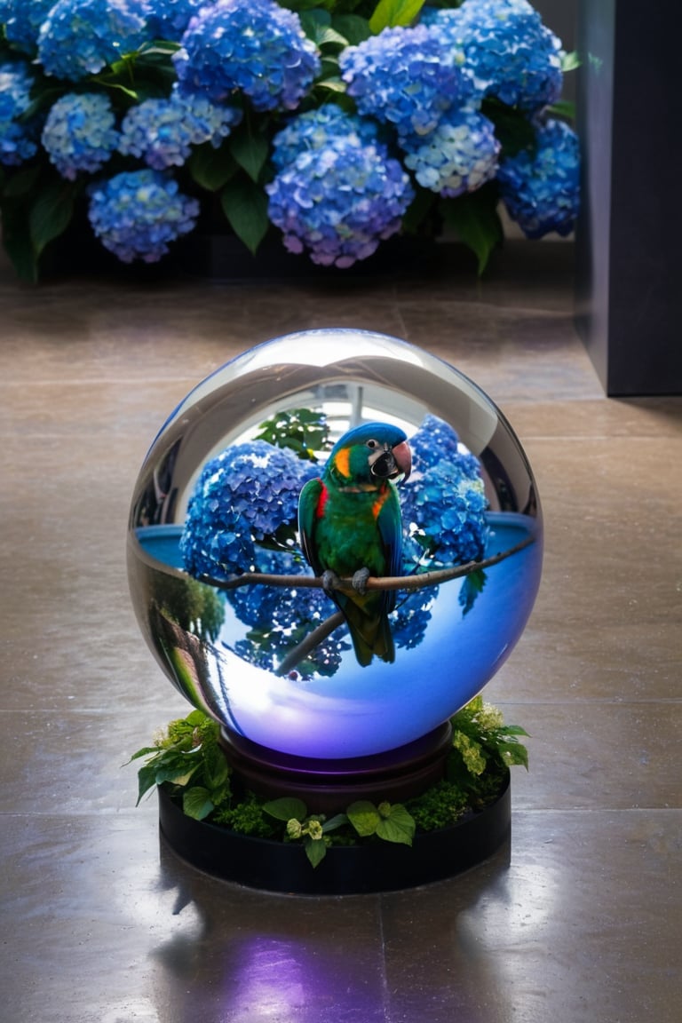 (((Black and white photography )))_(((Art photography, masterpiece)))_( A large round translucent concrete crystal  ball filling the image, lying on a museum floor  reflecting a blue mawcaw parrot ,a light-violet hydrangea  in dimetric projection to a mirror:1.7)_(black and white  surroundings:1.2),  dark palette, 28mm, t1/250, f14,  high resolution and contrast and colour contrast,  intricately textured and extremely subtle detailed,  detailmaster2,  side-light,  ultra quality,  fine artwork , Raw Photo