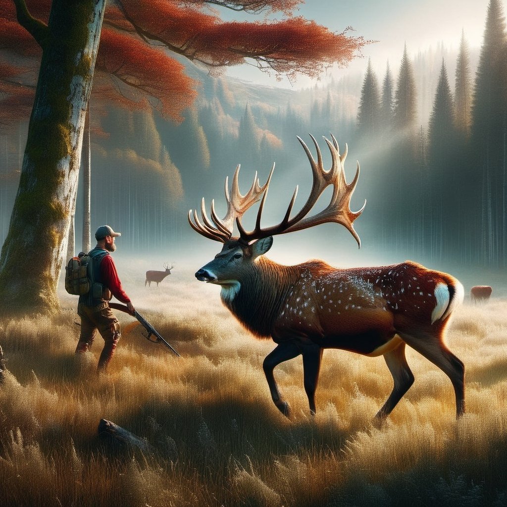 A mezzo Tinto  of a belling  16 antler red deer in a morning meadow and a hunter in the background,  , epic view, intricately textured and extremely subtle detailed,  detailmaster2,  side-light,  high resolution and contrast,  ultra quality , fine artwork ,FuturEvoLab-lora-mecha