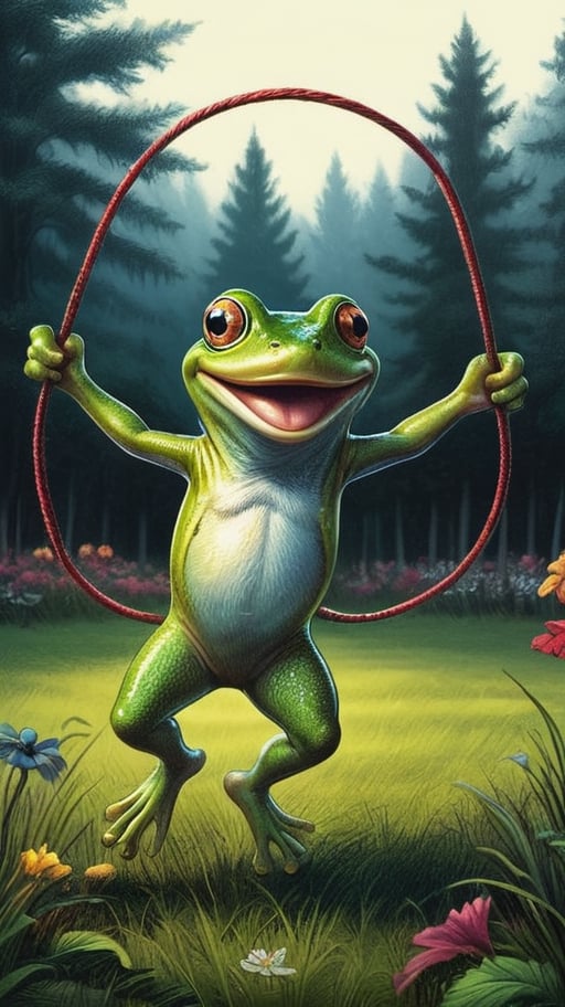 A green frog with a large grin on his face is jumping rope on the grass , dark vivid palette,  high resolution and contrast,  high colour contrast,  intricately textured and extremely detailed,  detailmaster2,  ray tracing shadows,  backlight,  ultra quality,  fine artwork ,ink art,line art illustration