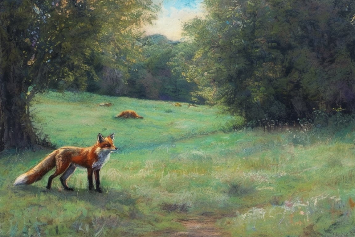 Pastelart An open landscape in France, fields, trees, a wood in the far end, a roaming fox in the foreground, landscape in May, intricately textured and extremely subtle detailed,  detailmaster2,  side-light,  high resolution and contrast,  high colour contrast,  dark vivid palette, ultra quality 