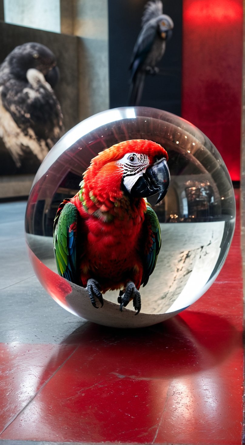 (((Black and white photography )))_(((Art photography, masterpiece)))_( A large round translucent concrete crystal  ball filling the image, lying on a museum floor  reflecting  a red mawcaw parrot in divergent perspective:1.7)_(black and white  surroundings:1.2),  dark palette, 28mm, t1/250, f14,  high resolution and contrast and colour contrast,  intricately textured and extremely subtle detailed,  detailmaster2,  side-light,  ultra quality,  fine artwork , Raw Photo