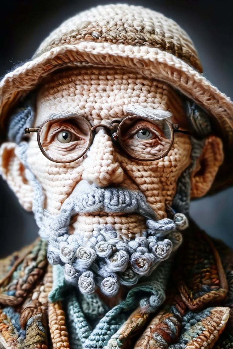 The fully crocheted portrait of an old, wise looking man looking into the wide, dark palette,  high resolution and contrast and colour contrast,  intricately textured and extremely subtle detailed, detailmaster2, side-light, ultra quality,  fine artwork 