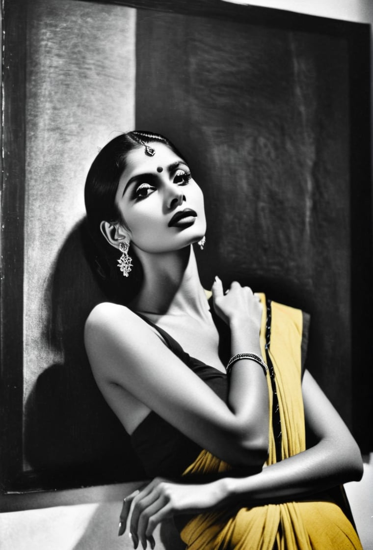 (Art photography,  masterpiece) ((monochrome photography,  black/white)indian yellow background) ( female act model in museum atmosphere,  in the style of Man Ray) dark  palette, high resolution and contrast and colour contrast,  intricately textured and extremely subtle detailed,  detailmaster2,  side-light,  ultra quality,  fine artwork