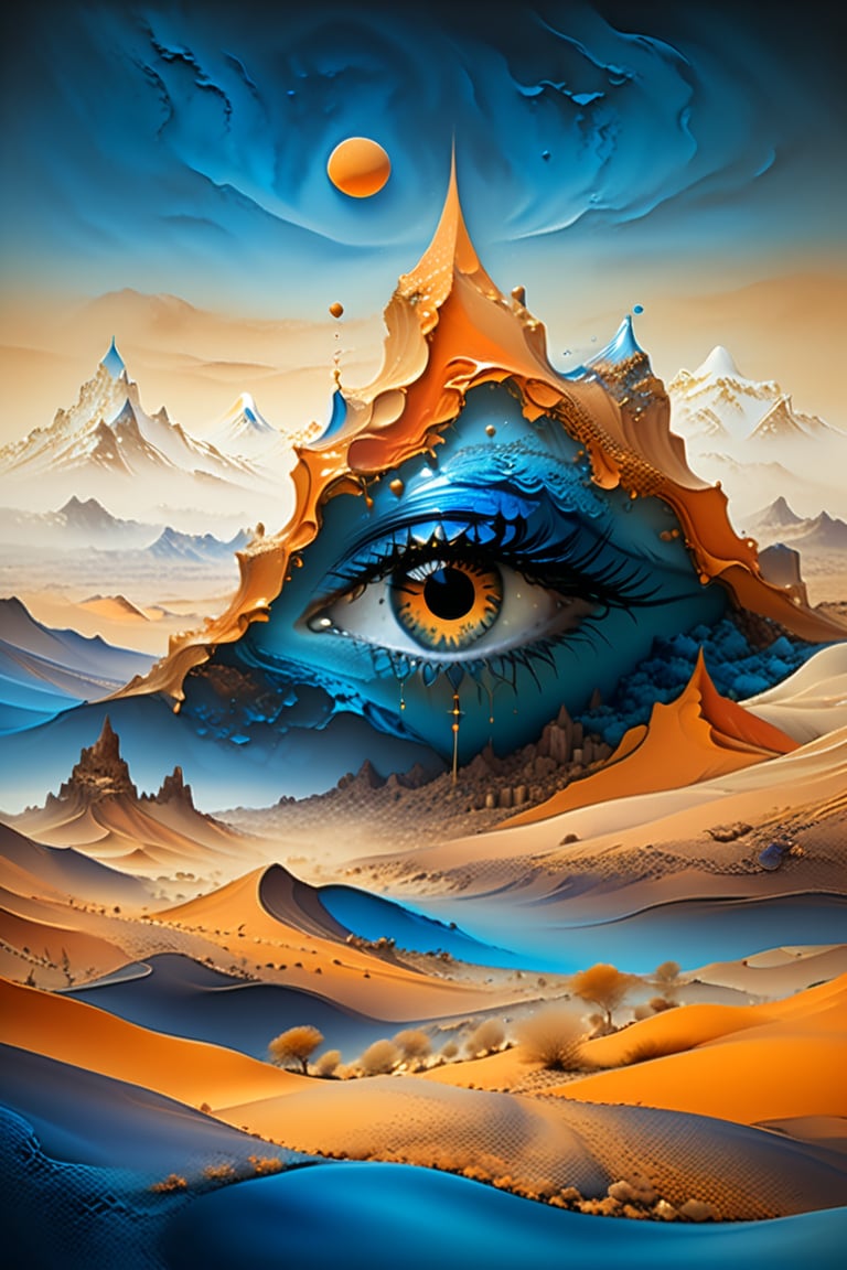 Some surrealistic dream world with eyes as mountains and blue desert with translucent  Bedouins , light-orange background,  drop shadows,  ultra quality,  fine artwork,  dark palette,  high resolution and contrast and colour contrast,  intricately textured and extremely subtle detailed,  detailmaster2,  side-light,  