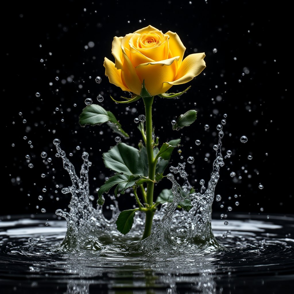 (((Black and white photography)))_(((Colour photography)))_(((Art photography, masterpiece)))_( a big splashing of water out of nowhere , a yellow rose blossom within the splash ,in curvilinear perspective:1.7)_(black and white  surroundings:1.2),  dark palette, 28mm, t1/250, f14,  high resolution and contrast and colour contrast,  intricately textured and extremely subtle detailed,  detailmaster2,  side-light,  ultra quality,  fine artwork , Raw Photo