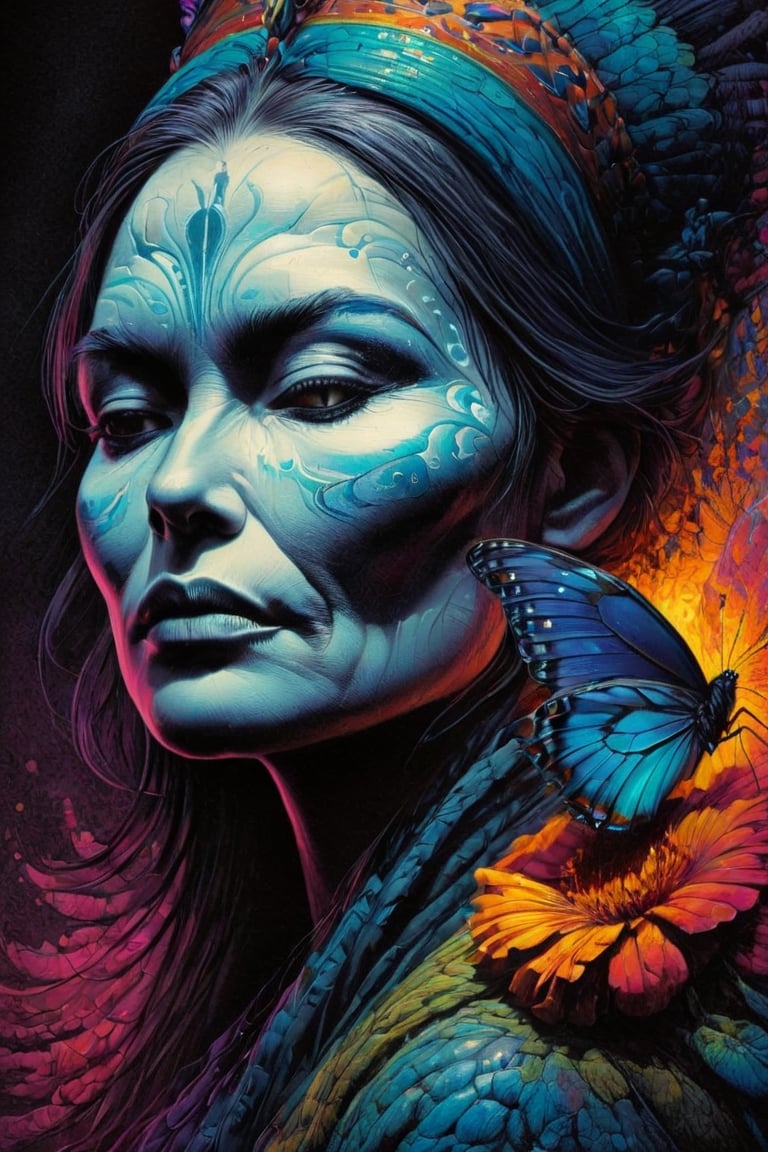 A woman , a queen who wishes becoming  a butterfly,  vivid palette,  moody lighting,  high resolution and contrast,  intricately textured and extremely detailed,  detailmaster2,  side-light,  best quality,  fine artwork,ink art