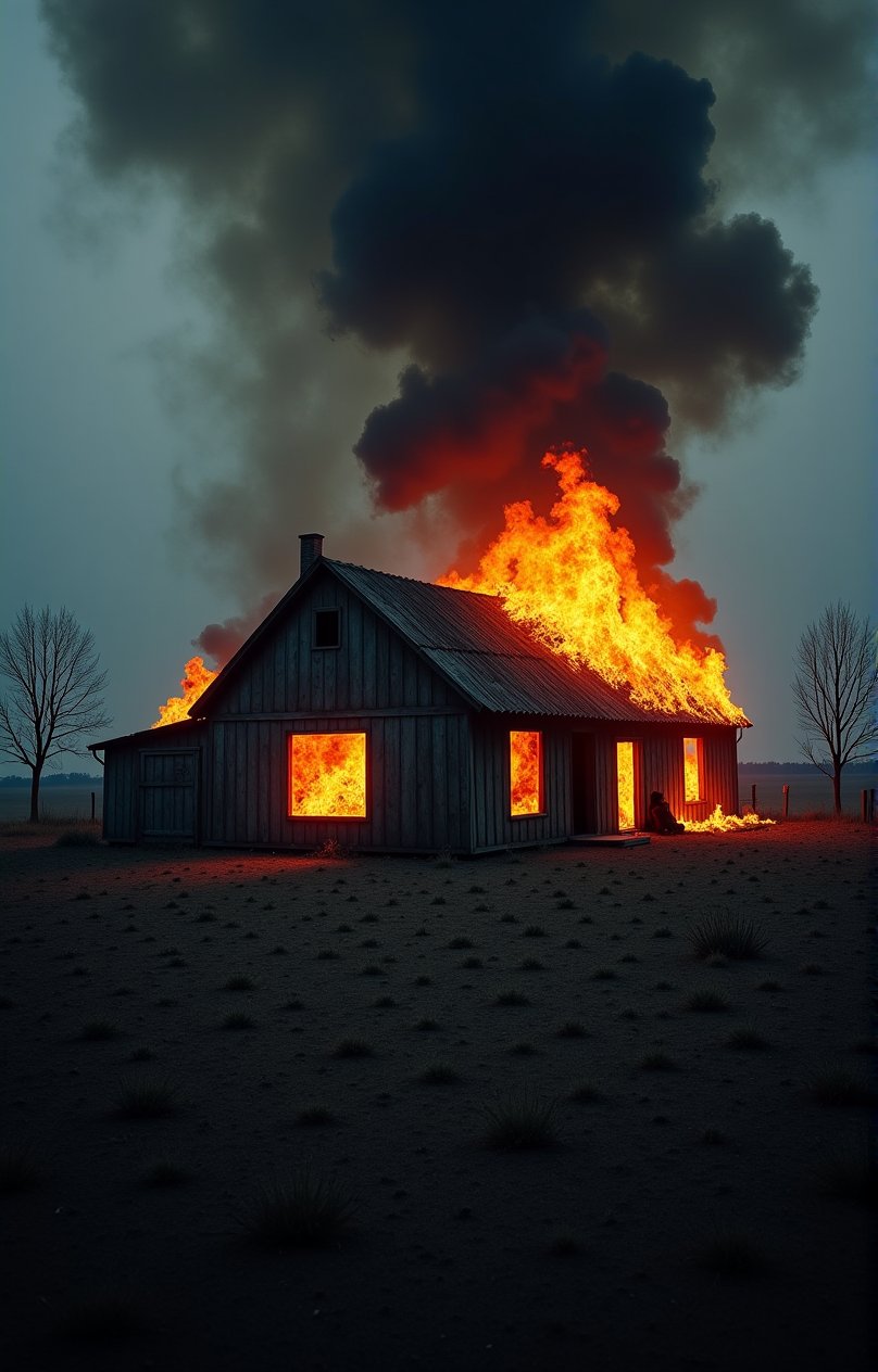 ( photography National geographic style,  masterpiece) A little farmhouse in a poor isolated countryside burns down. It's dramatic, tells a long story of hard work and lost fights . Hard and dry ground around ths burning house, old farmhouses stuff lying around. Dark, greyish dull colouring except for the flames shooting out of the farmhouse windows. Dark palette , high resolution and contrast and colour contrast,  intricately textured and extremely subtle detailed,  detailmaster2,  strobe lighting, ultra quality , fine artwork 