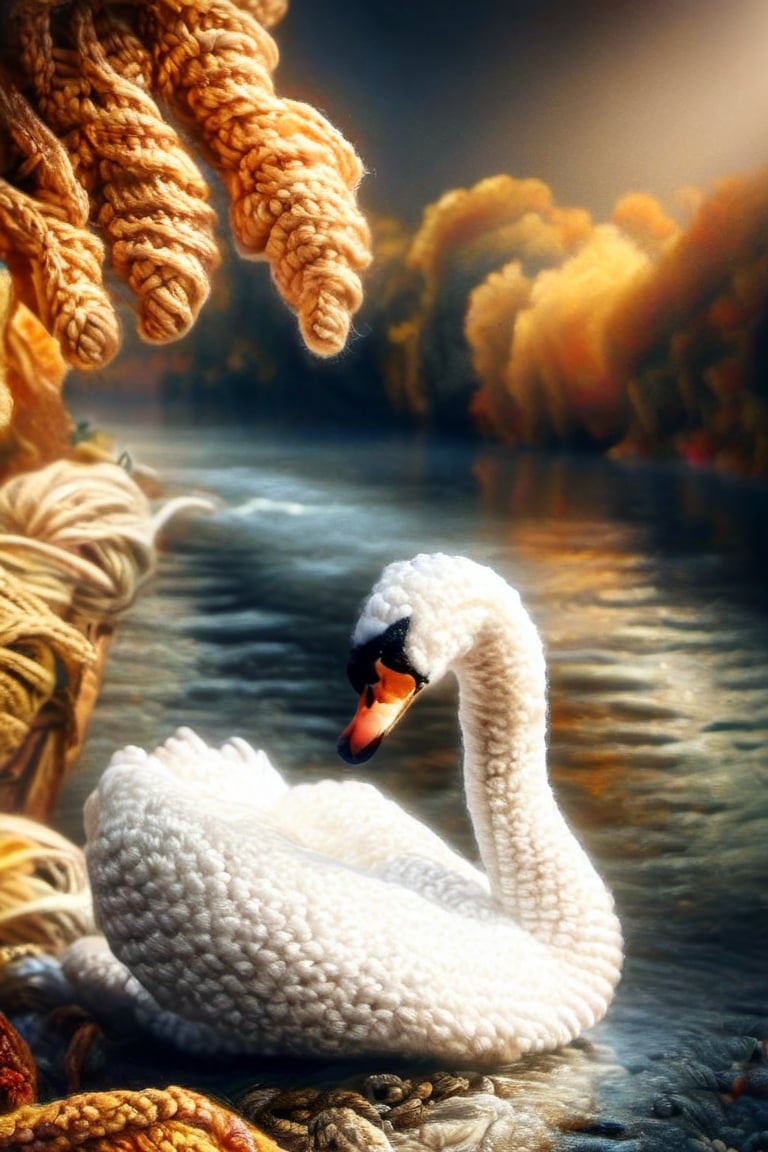 A crocheted white swan on a crocheted river, dark vivid palette,  high resolution and contrast and colour contrast,  intricately textured and extremely expressive,  detailmaster2,  side-light,  ultra quality,  fine artwork 