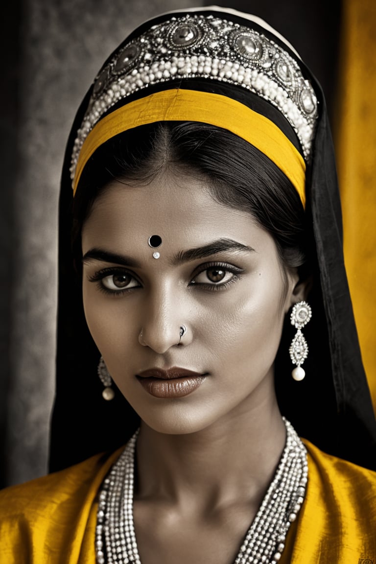 (Art photography,  masterpiece) ((monochrome photography,  black/white)indian yellow background) ( female act model in museum atmosphere,  in the style of Man Ray) dark  palette, high resolution and contrast and colour contrast,  intricately textured and extremely subtle detailed,  detailmaster2,  side-light,  ultra quality,  fine artwork