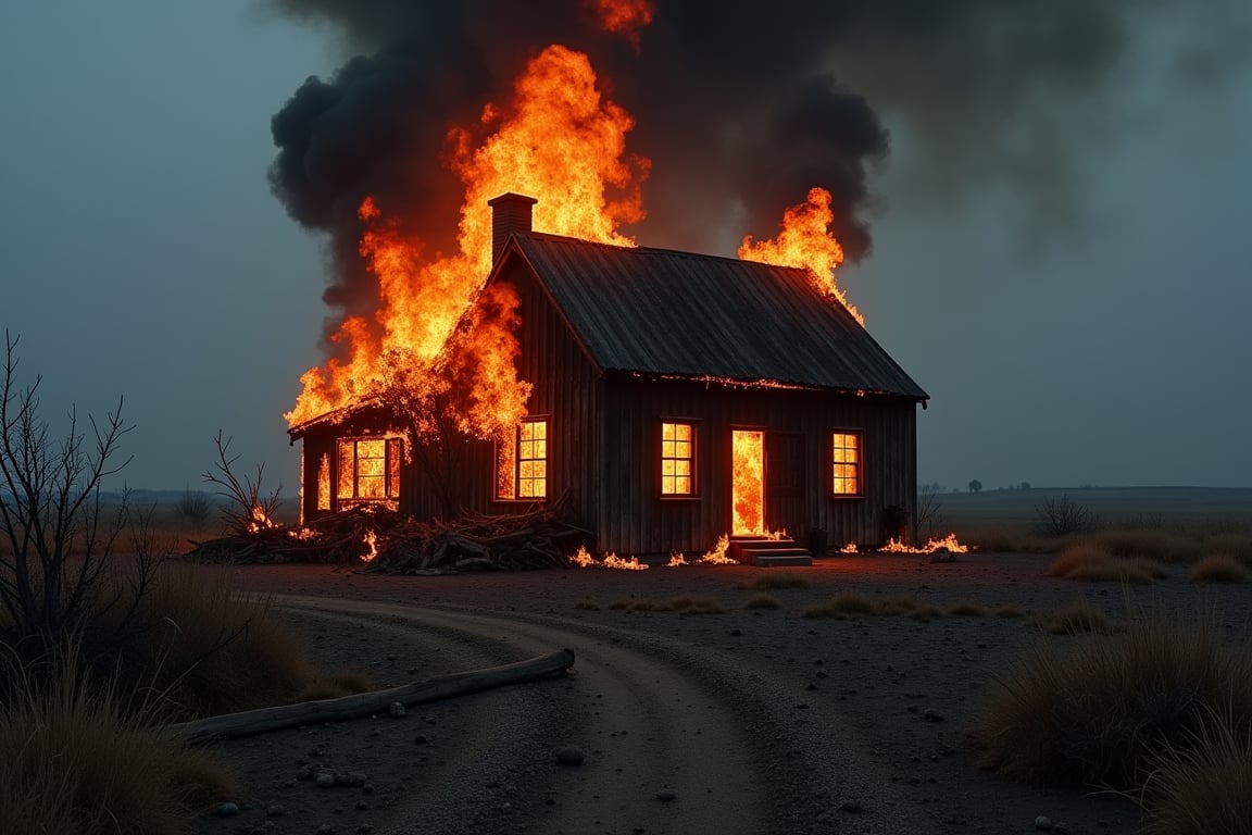 ( photography National geographic style,  masterpiece) A little farmhouse in a poor isolated countryside burns down. It's dramatic, tells a long story of hard work and lost fights . Hard and dry ground around ths burning house, old farmhouses stuff lying around. Dark, greyish dull colouring except for the flames shooting out of the farmhouse windows. Dark palette , high resolution and contrast and colour contrast,  intricately textured and extremely subtle detailed,  detailmaster2,  strobe lighting, ultra quality , fine artwork 