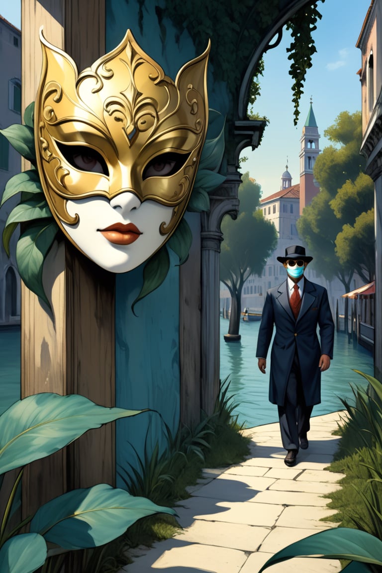 (Graphic Novel Art) (An ink drawn and painted scenery of Venice in the 30s:1.3) (masked interested man ,disguised behind a white/golden carnival mask tries to come close to an erotic beauty:1.6) in the style of the 30s,, ink, interactive image, highly detailed, detailmaster2,  dark palette, epic view, hyper-realistic, in the ink line, chiaroscuro style of Milo Manara