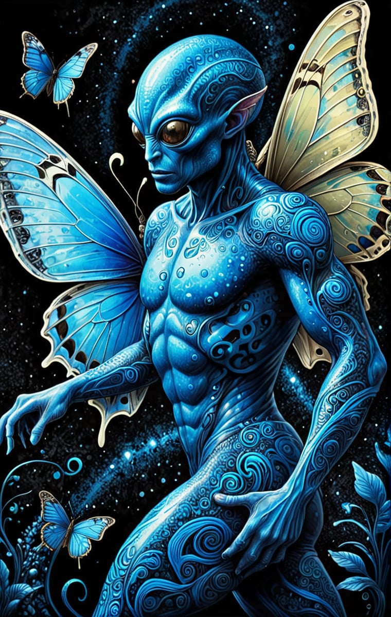 (Comic  Art) a male Alien with a blue swirled skin and amazing empathy for living organisms dances together with a butterfly,  dark palette, high  resolution and contrast and colour contrast,  intricately textured and extremely subtle detailed,  detailmaster2,  side-light,  ultra quality,  fine artwork 