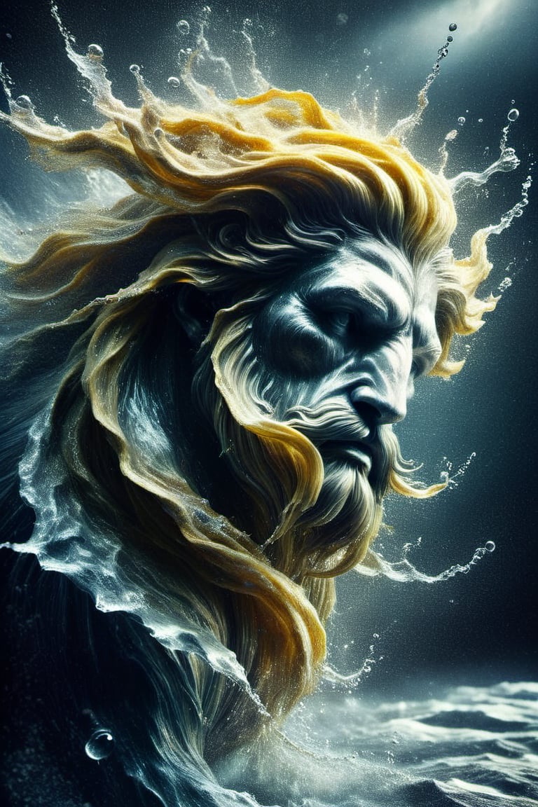 Poseidon appears from the stormy sea, dark palette,  high resolution and contrast and colour contrast,  intricately textured and extremely subtle detailed,  detailmaster2,  side-light,  ultra quality,  fine artwork ,colorful