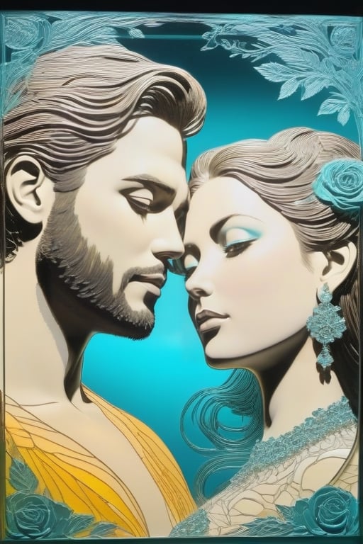 (Glass- Etching), an intricately worked Glss-etching of a loving pair,(1woman,1man)long hair, looking at viewer,  hair ornament,  eyes, jewelry, closed mouth, flower, earrings, hair flower,  rose, portrait, reflection, mirror, realistic, <Glass>-<etched lines> Mix, teal backlight , yellow  side-light, dazr3pl1ca