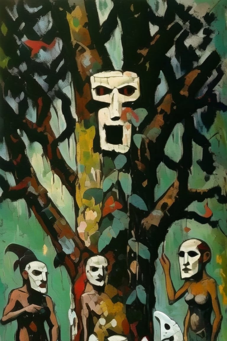 (A totem dance in rainforest around a masked tree with cut in masks  of gods and demons:1.6),BREAK,(masked with demonesc wood masks, men and women dancing together around the tree:1.2),BREAK, (dark greens, browns, grays, yellows and muted colours:1.2), intense atmosphere, action, elegant deep focus, detailmaster2,  strobe lighting, concept art, ultra quality,  fine artwork 