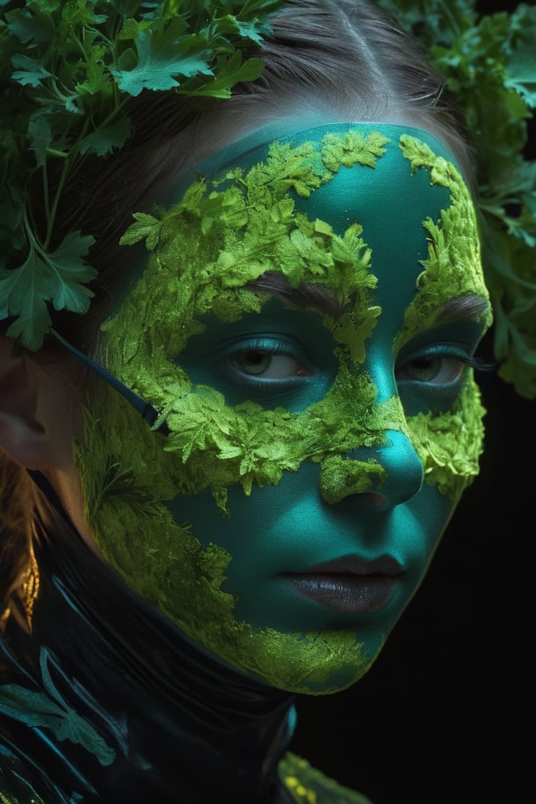The face of a beauty masked with a crust  of parsley,thyme and sage on the face  with a bioluminescent effect, high resolution and contrast and colour contrast,  intricately textured and extremely detailed,  detailmaster2,  side-light,  ultra quality,  dark  vivid palette , light-chartreuse/teal luminescent background, 
 ,LuminescentCL