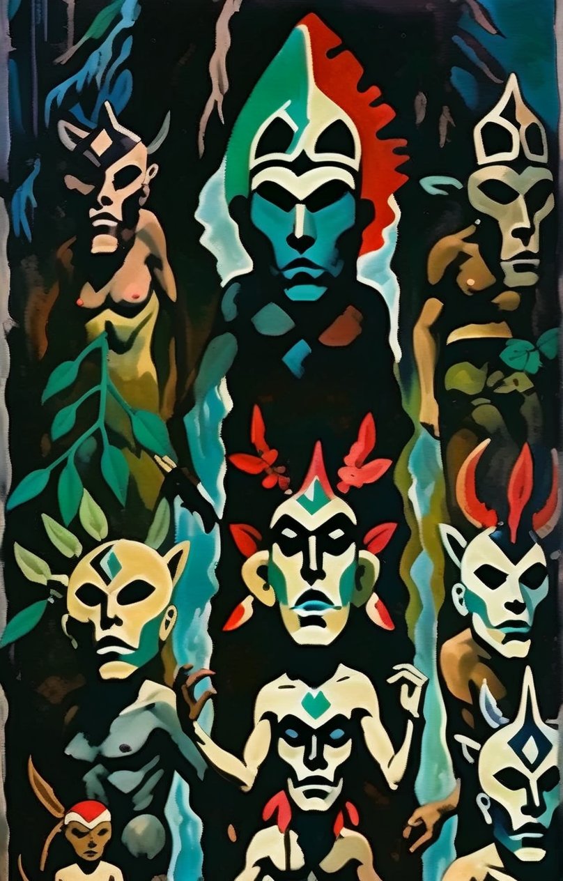 (A totem dance in rainforest around a masked tree with cut in masks  of gods and demons:1.6),BREAK,(masked with demonesc wood masks, men and women dancing together around the tree:1.2),BREAK, (dark greens, browns, grays, yellows and muted colours:1.2), intense atmosphere, action, elegant deep focus, detailmaster2,  strobe lighting, concept art, ultra quality,  fine artwork 