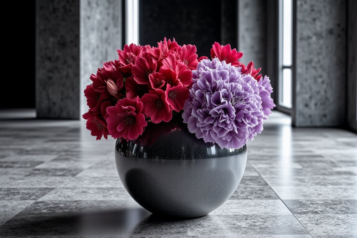 (((Black and white photography )))_(((Art photography, masterpiece)))_( A large round translucent concrete crystal  vase filling the image, lying on a museum floor with scarlet cyclamen  ,a light-violet hydrangea  in divergent perspective:1.7)_(black and white  surroundings:1.2)_(background  a large bright modernistic window:1.3) dark palette, 28mm, t1/250, f14,  high resolution and contrast and colour contrast,  intricately textured and extremely subtle detailed,  detailmaster2,  side-light, volumetric  lighting, ultra quality,  fine artwork , Raw Photo