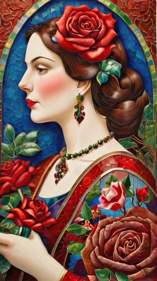 (Cloisonnism) A cloisonnist wall-hanging with fantastic red roses decorating the cloisonnist portrait of a woman of the 30s,, vivid palette,  intricately textured and extremely subtle detailed,  detailmaster2,  side-light,  high resolution and contrast,  high colour contrast,  deep focus, depth of field,  ultra quality ,Pomological Watercolor