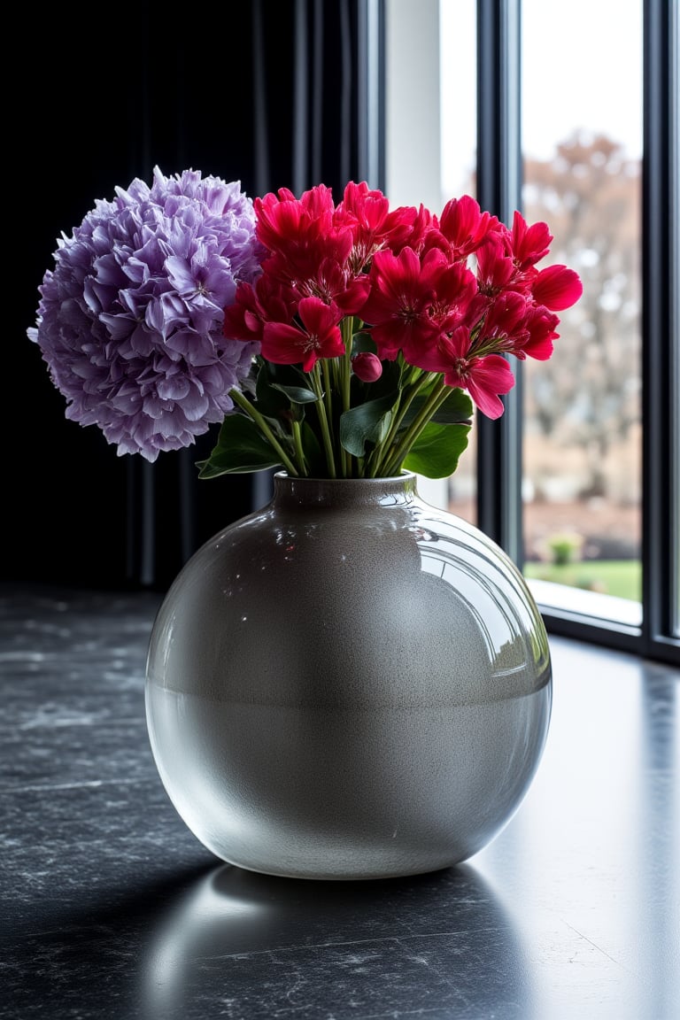 (((Black and white photography )))_(((Art photography, masterpiece)))_( A large round translucent concrete crystal  vase filling the image, lying on a museum floor with scarlet cyclamen  ,a light-violet hydrangea  in divergent perspective:1.7)_(black and white  surroundings:1.2)_(background  a large bright modernistic window:1.3) dark palette, 28mm, t1/250, f14,  high resolution and contrast and colour contrast,  intricately textured and extremely subtle detailed,  detailmaster2,  side-light, volumetric  lighting, ultra quality,  fine artwork , Raw Photo