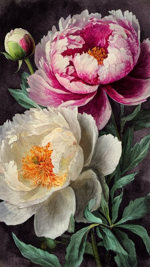 A dramatic All-Peony Plant Collage, of different papers, different looks, different colours, intricately textured, structured and detailed,  deep focus, deep contrast, clear outlines, detailmaster2,  backlight,  dark palette,  ,aw0k collage,digital painting,oil paint,ink ,ink art,Pomological Watercolor,watercolor,sketch