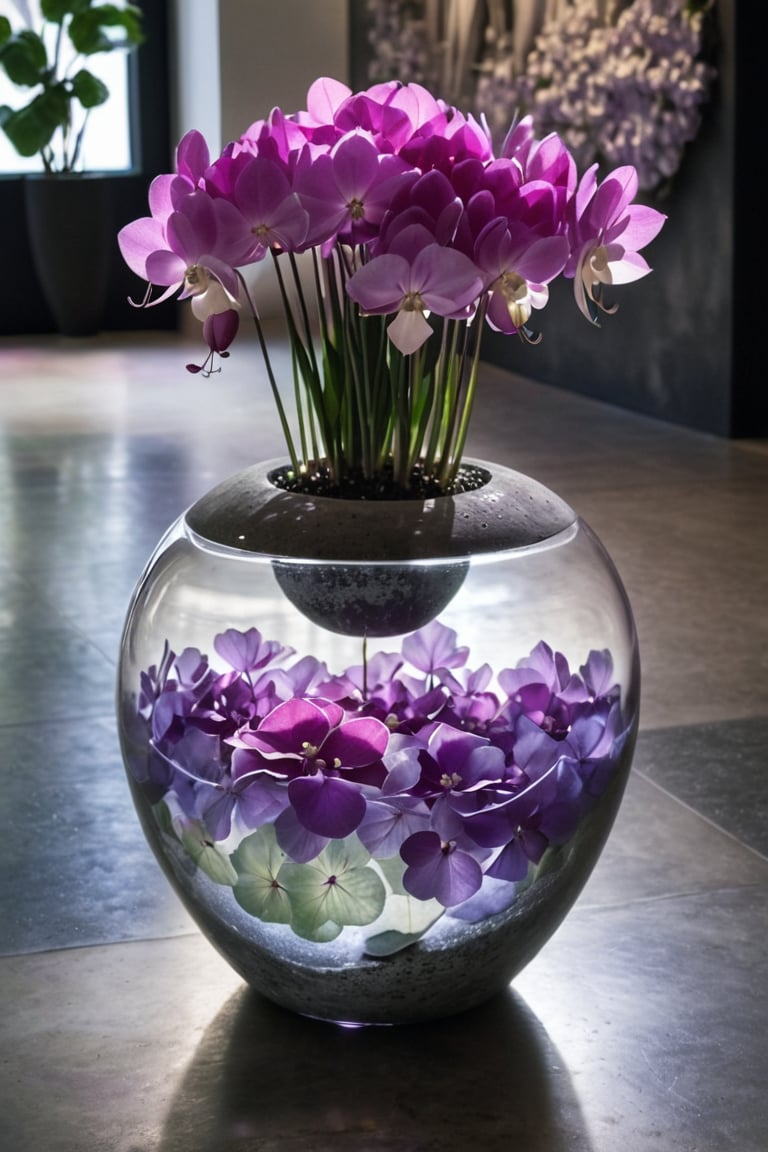 (((Black and white photography )))_(((Art photography, masterpiece)))_( A large round translucent concrete crystal  vase filling the image, lying on a museum floor with cyclamen  ,a light-violet hydrangea  in divergent perspective:1.7)_(black and white  surroundings:1.2),  dark palette, 28mm, t1/250, f14,  high resolution and contrast and colour contrast,  intricately textured and extremely subtle detailed,  detailmaster2,  side-light, volumetric  lighting, ultra quality,  fine artwork , Raw Photo