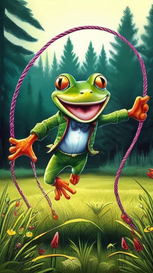 A green frog with a large grin on his face is jumping rope on the grass , dark vivid palette,  high resolution and contrast,  high colour contrast,  intricately textured and extremely detailed,  detailmaster2,  ray tracing shadows,  backlight,  ultra quality,  fine artwork ,ink art