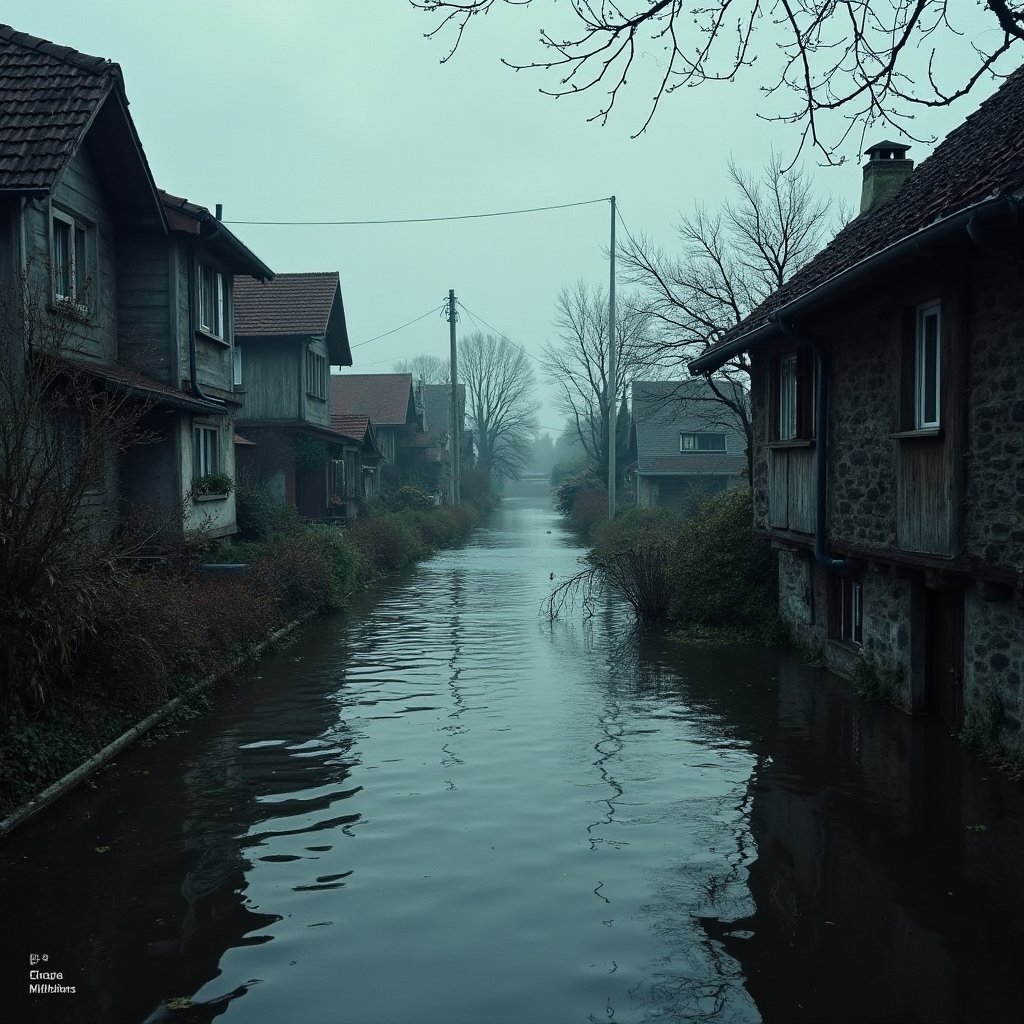 (National geographic style, masterpiece) A flooded village in Saxony , for too heavy  rainfall. People  must leave overflooded houses, some can rescue themselves  in the upper etages. The wild water has taken over roads and cars. Civilization has taken a full stop. Dark palette,  greyish toned colors, epic view, dramatic lighting,  high resolution and contrast and colour contrast,  intricately textured and extremely subtle detailed,  detailmaster2,  side-light,  ultra quality,  fine artwork 