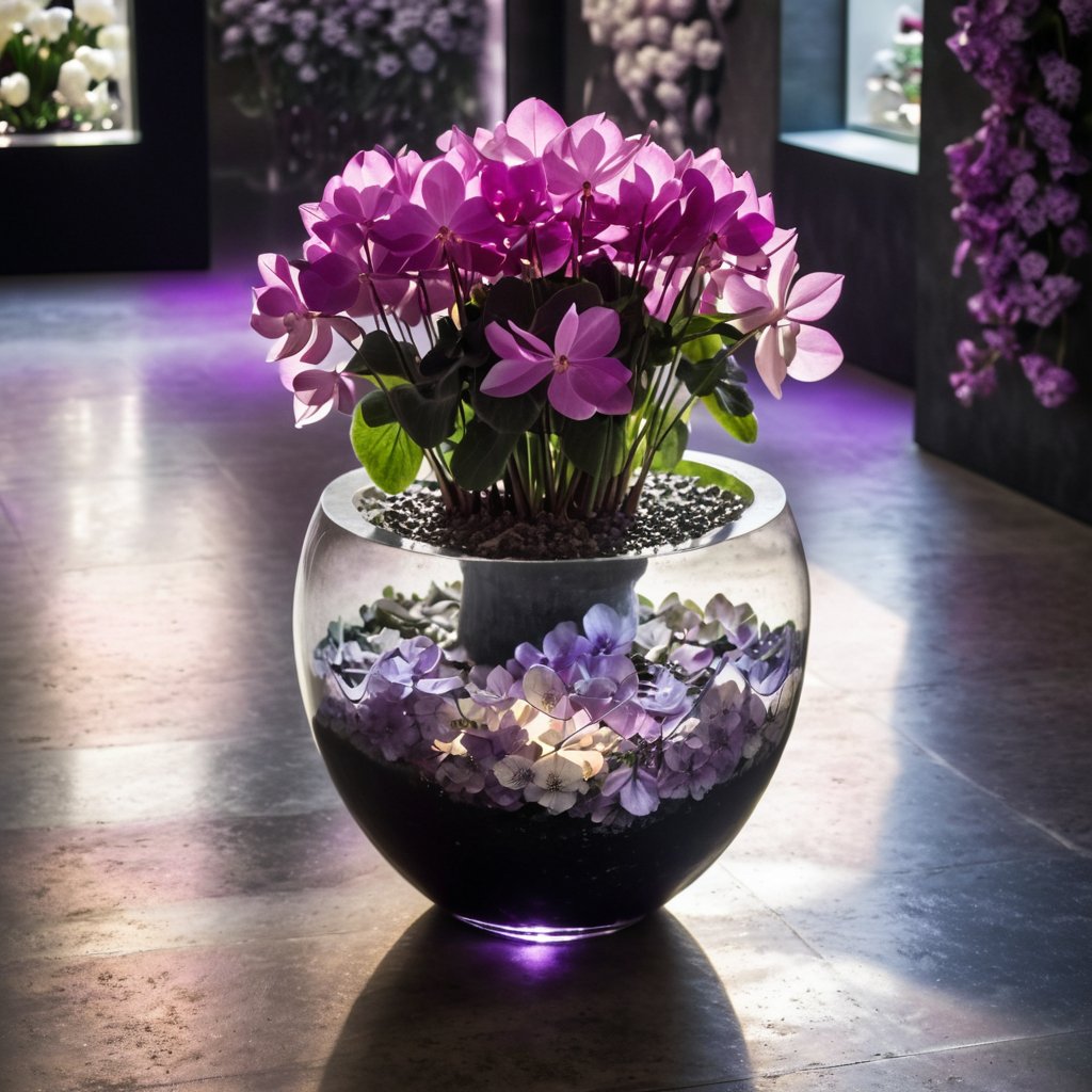 (((Black and white photography )))_(((Art photography, masterpiece)))_( A large round translucent concrete crystal  vase filling the image, lying on a museum floor with cyclamen  ,a light-violet hydrangea  in divergent perspective:1.7)_(black and white  surroundings:1.2),  dark palette, 28mm, t1/250, f14,  high resolution and contrast and colour contrast,  intricately textured and extremely subtle detailed,  detailmaster2,  side-light, volumetric  lighting, ultra quality,  fine artwork , Raw Photo