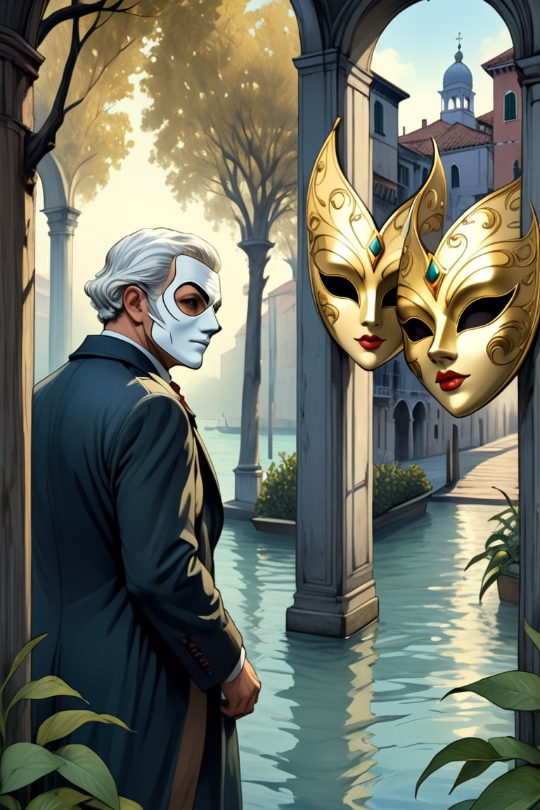 (Graphic Novel Art) (An ink drawn and painted scenery of Venice in the 30s:1.3) (masked interested man ,disguised behind a white/golden carnival mask tries to come close to an erotic beauty:1.6) in the style of the 30s,, ink, interactive image, highly detailed, detailmaster2,  dark palette, epic view, hyper-realistic, in the ink line, chiaroscuro style of Milo Manara