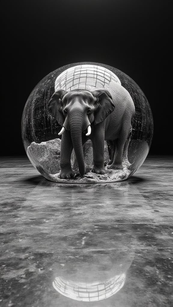 (((Black and white photography )))_(((Art photography, masterpiece)))_( A large round translucent concrete crystal  ball filling the image, lying on a museum floor  reflecting  an elephant in divergent perspective:1.7)_(black and white  surroundings:1.2),  dark palette, 28mm, t1/250, f14,  high resolution and contrast and colour contrast,  intricately textured and extremely subtle detailed,  detailmaster2,  side-light,  ultra quality,  fine artwork , Raw Photo