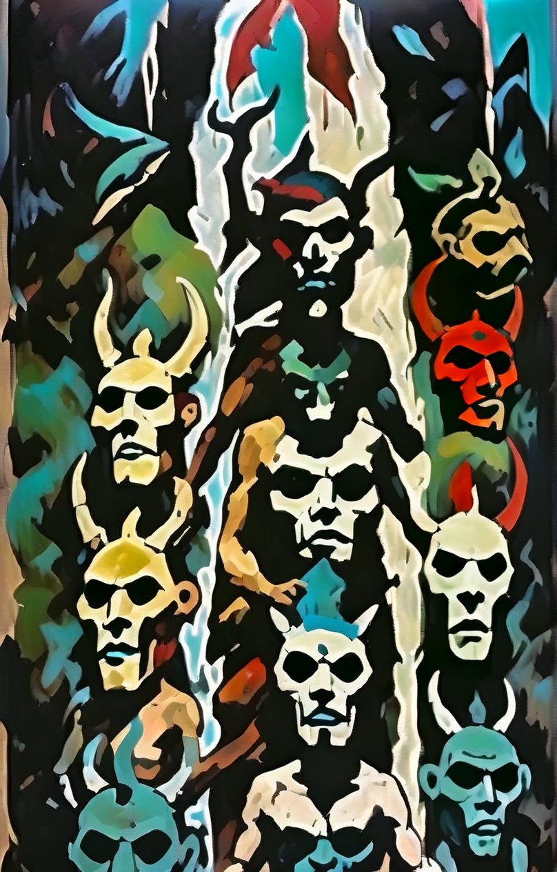 (A totem dance in rainforest around a masked tree with cut in masks  of gods and demons:1.6),BREAK,(masked with demonesc wood masks, men and women dancing together around the tree:1.2),BREAK, (dark greens, browns, grays, yellows and muted colours:1.2), intense atmosphere, action, elegant deep focus, detailmaster2,  strobe lighting, concept art, ultra quality,  fine artwork 