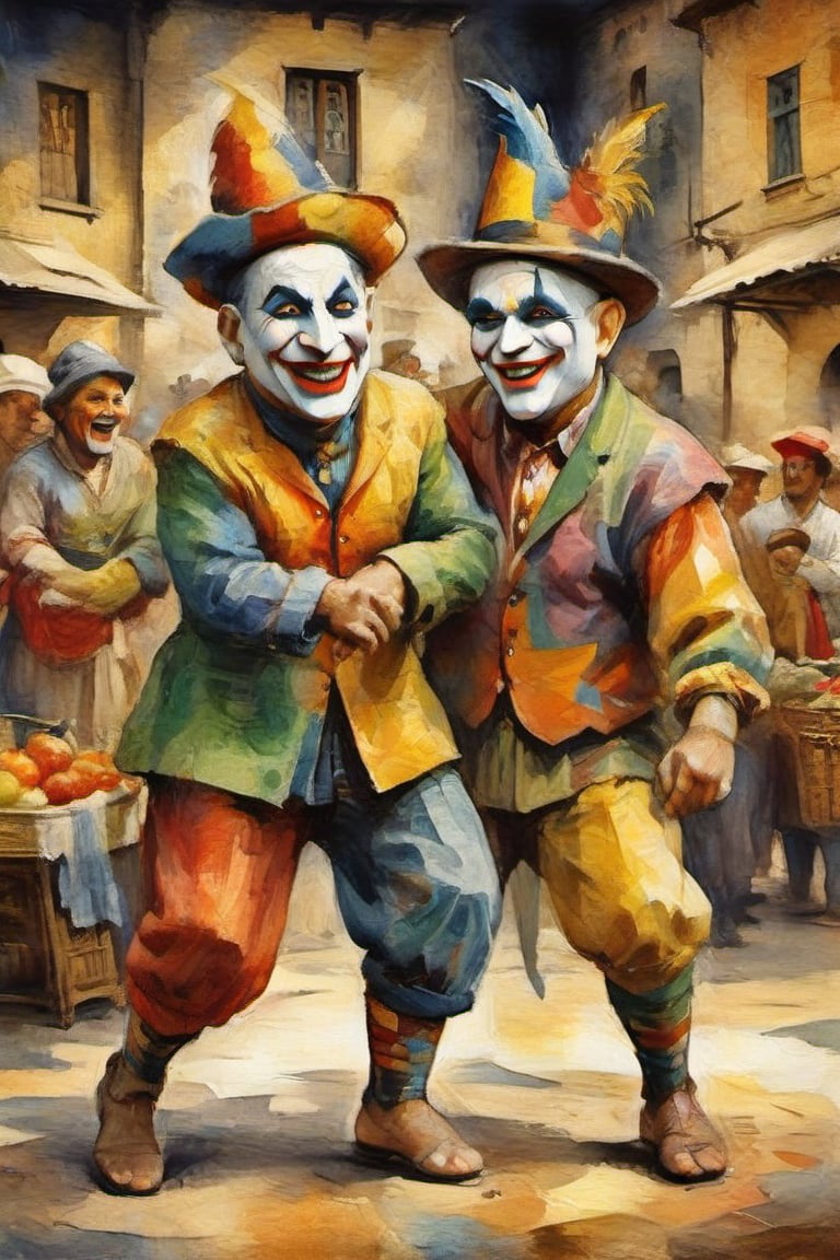 (Oil painting,  masterpiece Picasso style) dramatic scene 2 angry grinning Harlekin in ceckered costumes dancing on a marketplace , first person view,  dark palette, watercolor like colouring, high resolution and contrast and colour contrast,  intricately textured and extremely subtle detailed,  detailmaster2,  side-light,  ultra quality,  fine artwork 