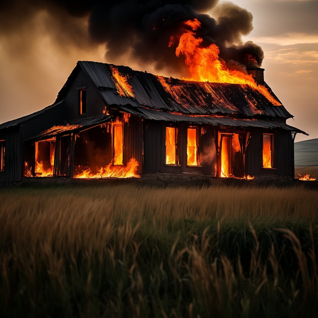 ( photography National geographic style,  masterpiece) A little farmhouse in a poor isolated countryside burns down. It's dramatic, tells a long story of hard work and lost fights . Hard and dry ground around ths burning house, old farmhouses stuff lying around. Dark, greyish dull colouring except for the flames shooting out of the farmhouse windows. Dark palette , high resolution and contrast and colour contrast,  intricately textured and extremely subtle detailed,  detailmaster2,  dramatic  lighting, ultra quality , fine artwork 