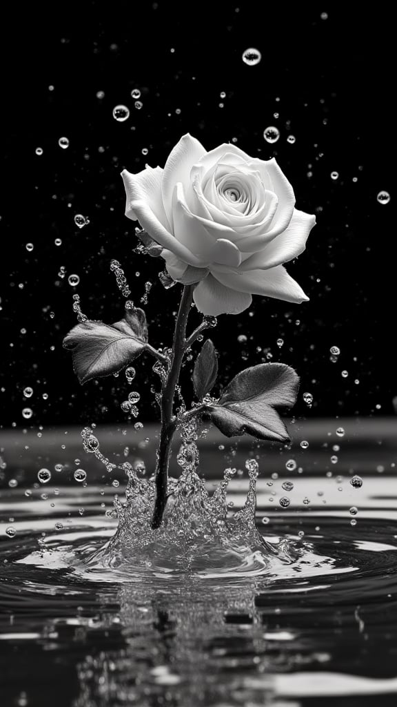 (((Black and white photography )))_(((Art photography, masterpiece)))_( a big splashing of water out of nowhere , a rose blossom within the splash ,in divergent perspective:1.7)_(black and white  surroundings:1.2),  dark palette, 28mm, t1/250, f14,  high resolution and contrast and colour contrast,  intricately textured and extremely subtle detailed,  detailmaster2,  side-light,  ultra quality,  fine artwork , Raw Photo