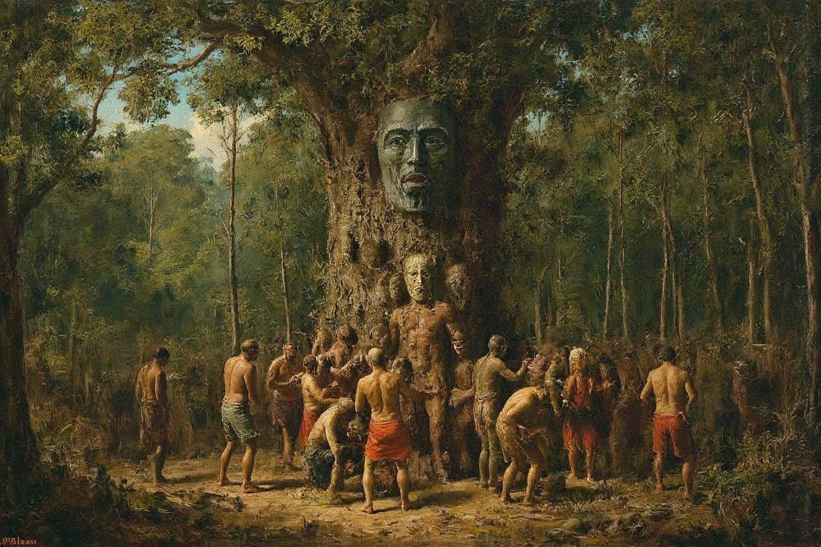 (Surrealist oil painting) (A totem dance in rainforest around a masked tree with cut in masks  of gods and demons:1.6),BREAK,(masked with demonesc wood masks, men and women dancing in hot action together around the tree:1.2),BREAK, (dark greens, browns, grays, yellows and muted colours:1.2), intense atmosphere, action, elegant deep focus, detailmaster2,  strobe lighting, concept art, ultra quality,  fine artwork 