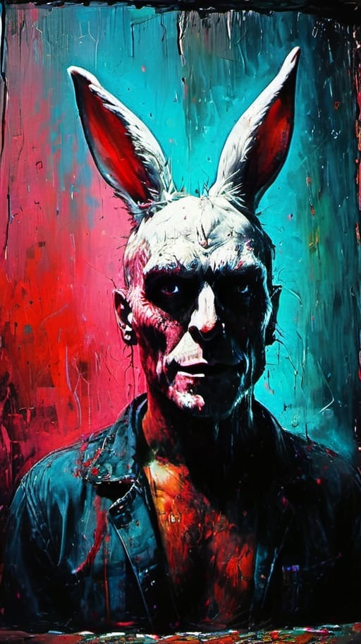 Easter bunny ,whole body, an absolute charming, freaky  easter bunny leaning  against a house wall and lsmokes a joint looking into the world with kind of a satanic grin on his face, deep focus,  high color contrast,   detailmaster2, ultra quality, side-light,epic view,Colorful Binary Code Energy