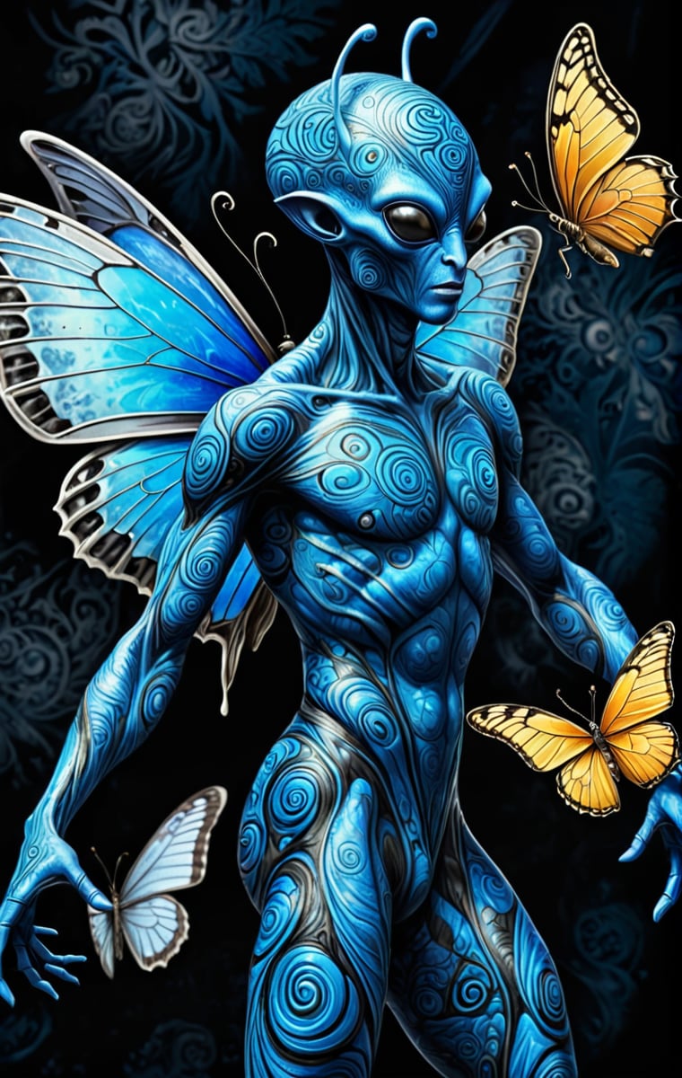 (Comic  Art) a male Alien with a blue swirled skin and amazing empathy for living organisms dances together with a butterfly,  dark palette, high  resolution and contrast and colour contrast,  intricately textured and extremely subtle detailed,  detailmaster2,  side-light,  ultra quality,  fine artwork 