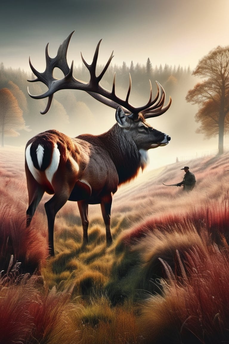 A mezzo Tinto  of a belling  16 antler red deer in a morning meadow and a hunter in the background,  , epic view, intricately textured and extremely subtle detailed,  detailmaster2,  side-light,  high resolution and contrast,  ultra quality , fine artwork 