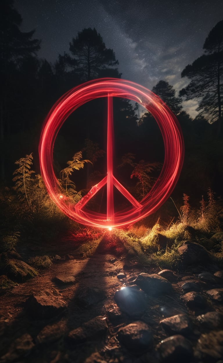 (Light painting photography) peace written in the air with a red laser pointer,  28mm, f8, t4s, dark palette,  high resolution and contrast and colour contrast,  intricately textured and extremely subtle detailed,  detailmaster2,  side-light,  ultra quality,  fine artwork 