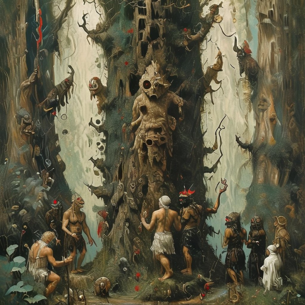 ((A Hieronymus Bosch-like scenery )(A totem dance in rainforest around a masked tree with cut in masks  of gods and demons:1.6)),BREAK,(masked with demonesc wood masks, men and women dancing together around the tree:1.2),BREAK, (dark greens, browns, grays, yellows and muted colours:1.2), intense atmosphere, action, elegant deep focus, detailmaster2,  strobe lighting, concept art, ultra quality,  fine artwork 