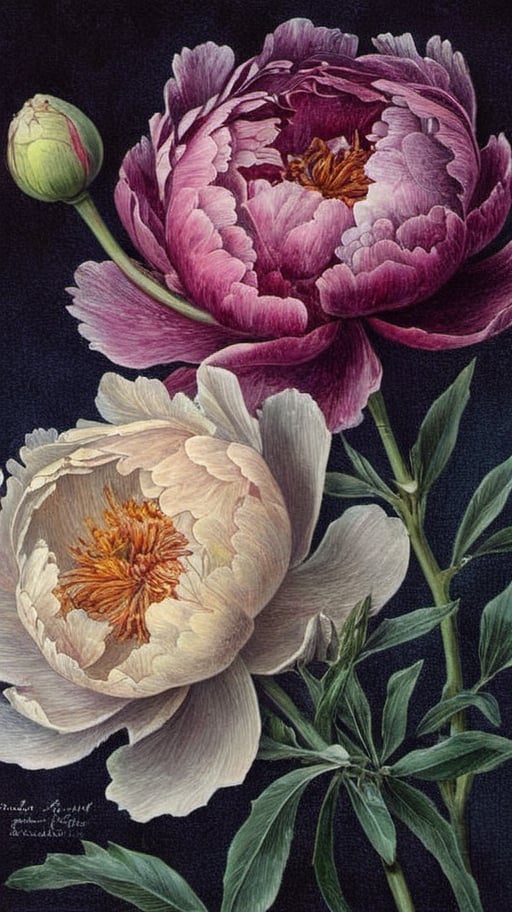 A dramatic All-Peony Plant Collage, of different papers, different looks, different colours, intricately textured, structured and detailed,  deep focus, deep contrast, clear outlines, detailmaster2,  backlight,  dark palette,  ,aw0k collage,digital painting,oil paint,ink ,ink art,Pomological Watercolor,watercolor