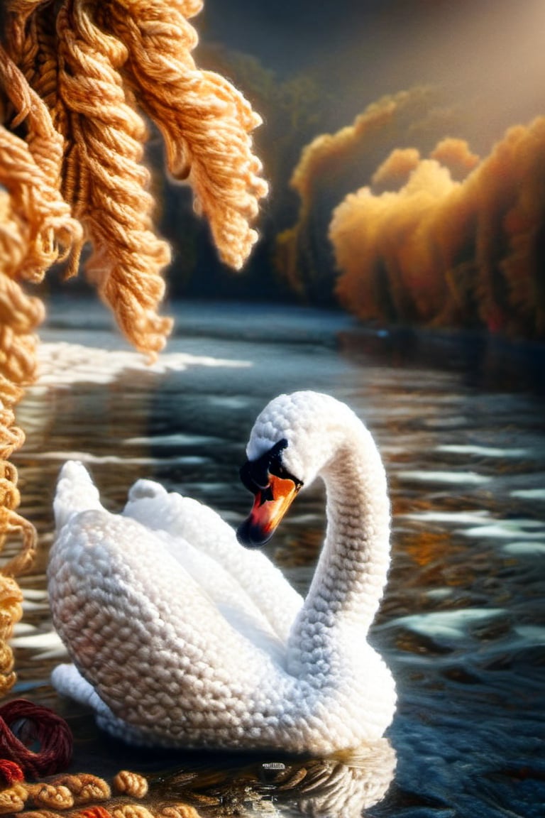 A crocheted white swan on a crocheted river, dark vivid palette,  high resolution and contrast and colour contrast,  intricately textured and extremely expressive,  detailmaster2,  side-light,  ultra quality,  fine artwork 