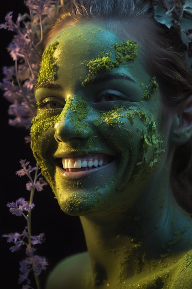 The face of a laughing beauty masked with a crust  of parsley,thyme and sage on the face  with a bioluminescent effect, high resolution and contrast and colour contrast,  intricately textured and extremely detailed,  detailmaster2,  side-light,  ultra quality,  dark  vivid palette , light-scarlet/yellow luminescent background, blush middleground
 ,LuminescentCL