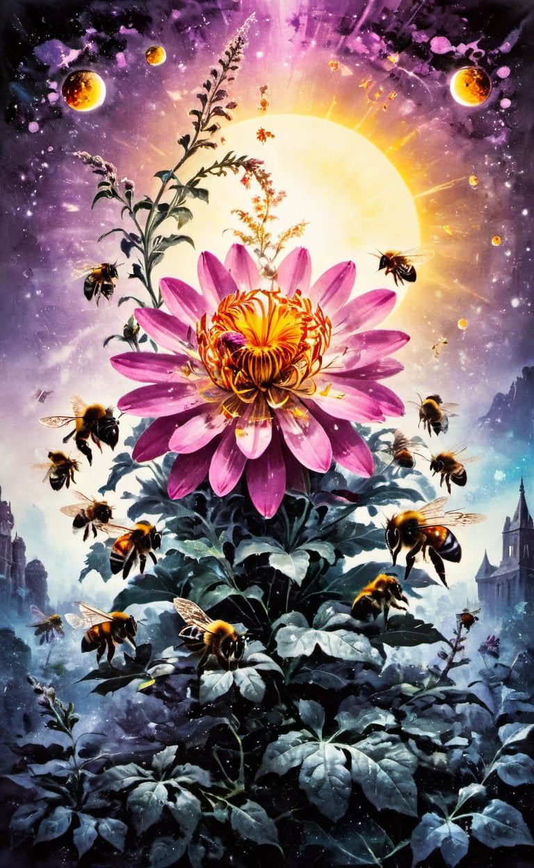 A WONDER flower for everybody that brings love and courage back together with magic bees, high_resolution and contrast and colour contrast,  intricately textured and extremely subtle and elegantly detailed,  detailmaster2, side-light,  ultra quality ,Movie Poster,ink art,retro ink,line art illustration