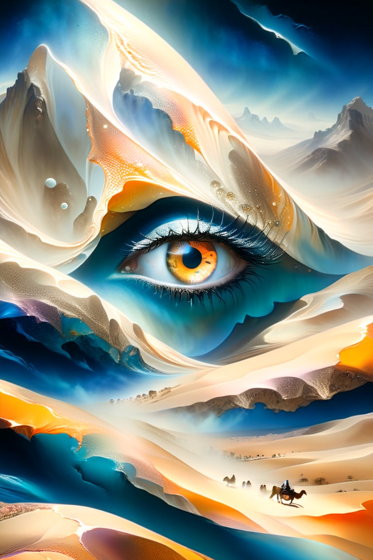 Some surrealistic dream world with eyes as mountains and blue desert with translucent  Bedouins , light-orange background,  drop shadows,  ultra quality,  fine artwork,  dark palette,  high resolution and contrast and colour contrast,  intricately textured and extremely subtle detailed,  detailmaster2,  side-light,  