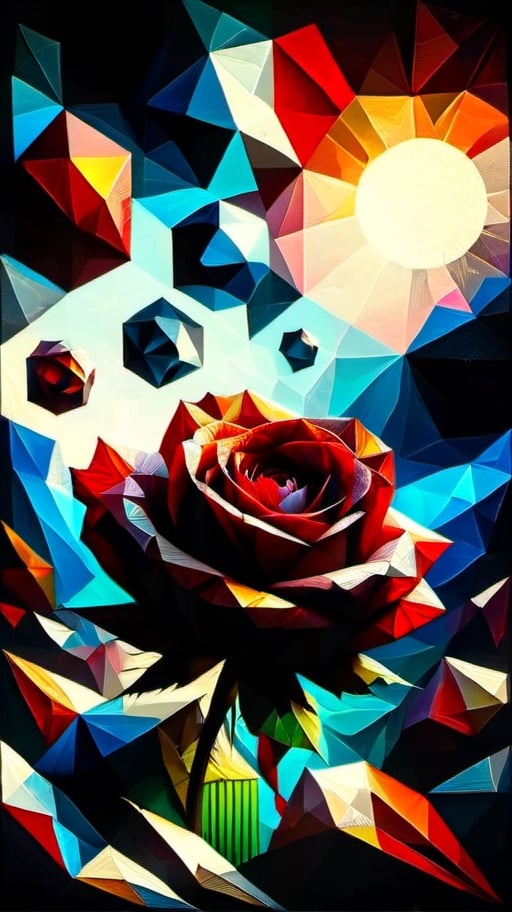 A dramatic surrealist All-Rose Digital Painting, in Max Ernst's style,  on different papers, different looks, different colours, intricately textured, structured and detailed,  deep focus, deep contrast, clear outlines, detailmaster2,  backlight, scarlet-grey background, dark palette,ral-polygon